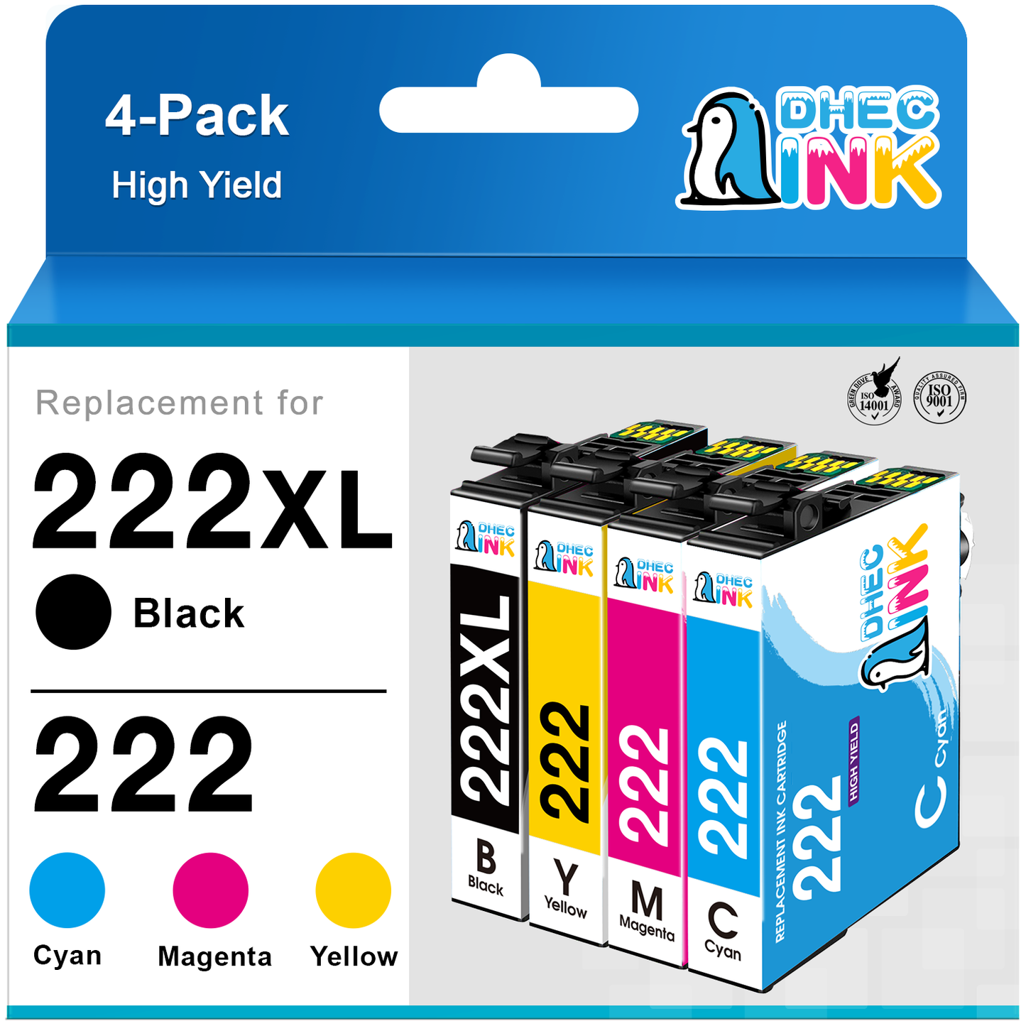 222XL Ink Cartridges for Epson Ink 222 XL 222XL T222 T222XL Combo Pack for Epson Expression Home XP-5200 XP5200 Workforce WF-2960 WF2960 Printer ( Black Cyan Magenta Yellow 4 Pack)