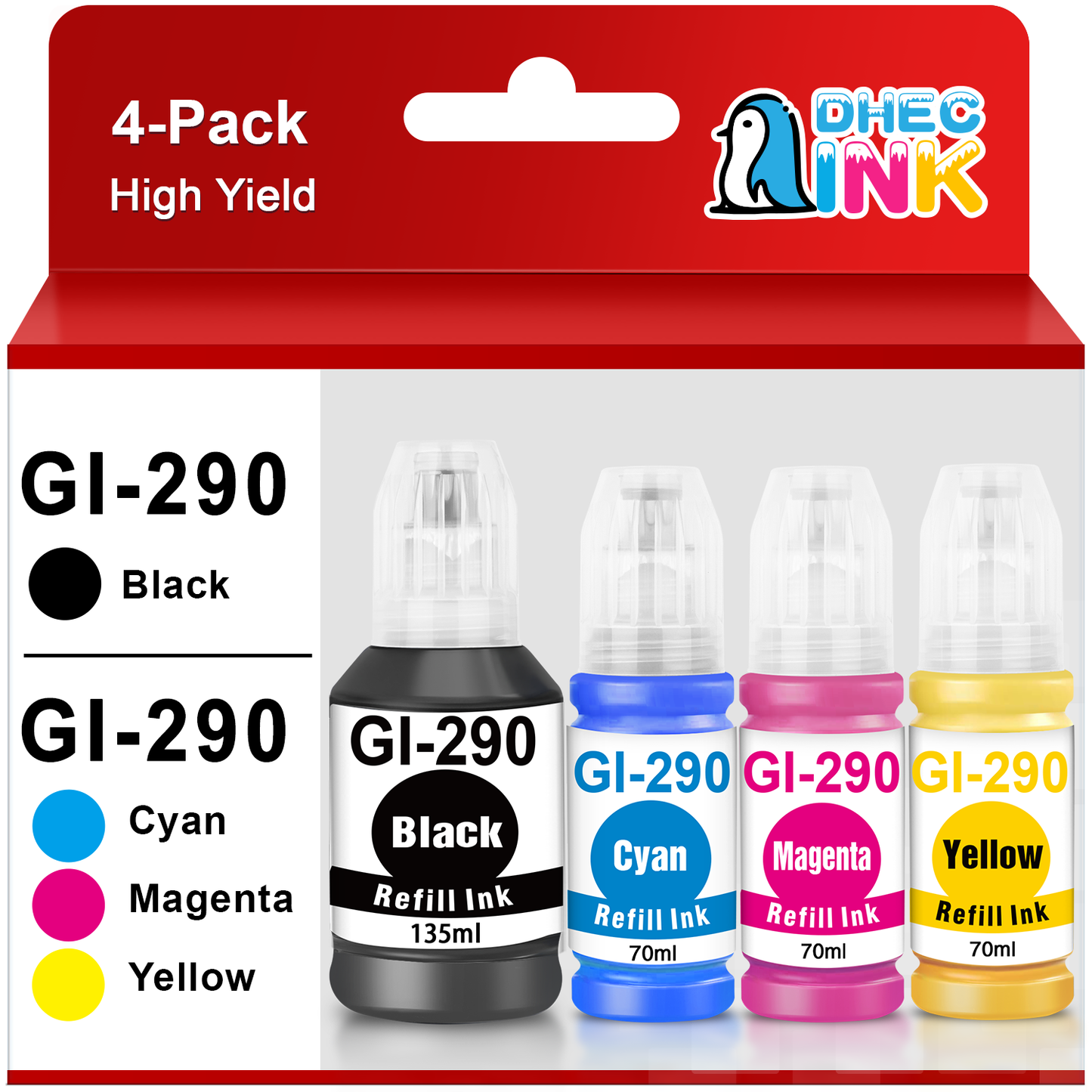 GI290 Ink for Canon GI-290 GI290 Refill Ink Bottle Kit for Canon PIXMA G4200 G3200 G4210 G2200 G1200 Printer ( Black Cyan Magenta Yellow, 4 Pack)