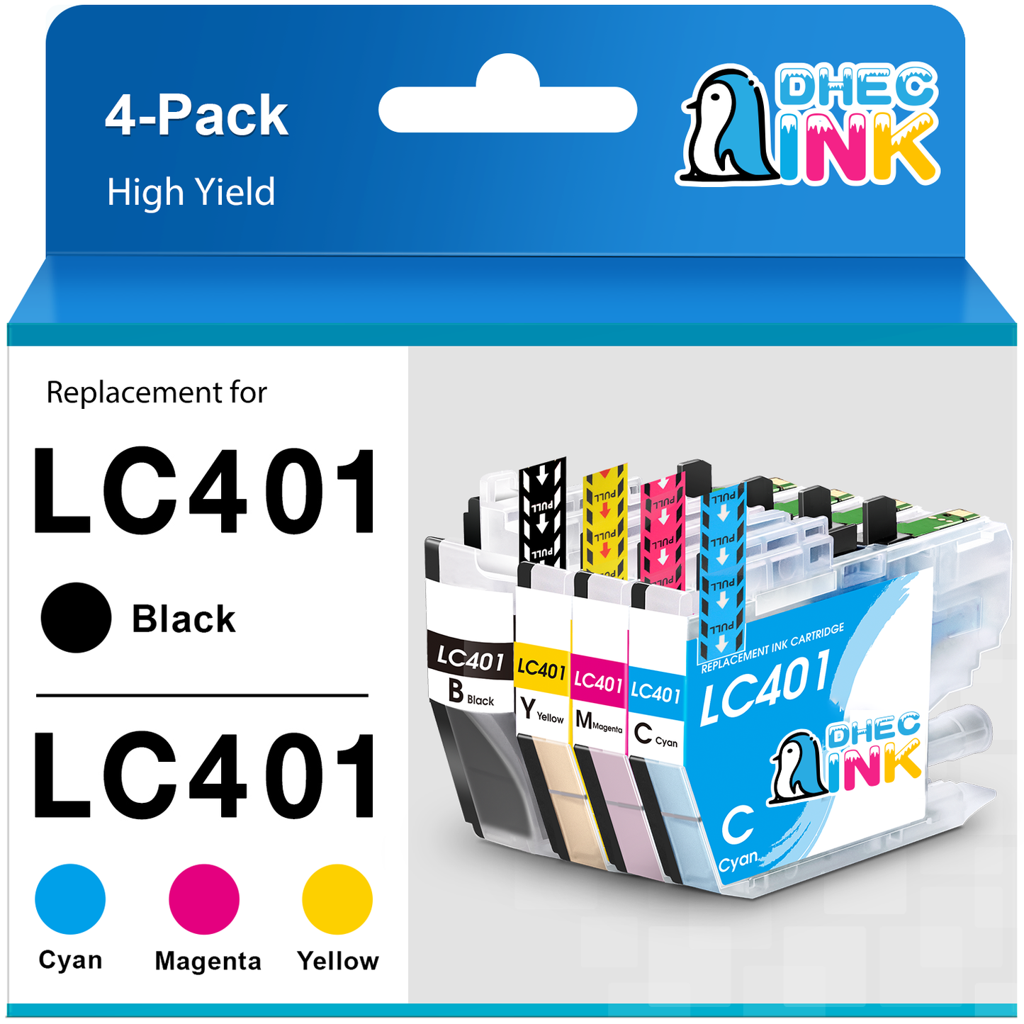 LC401 Ink Cartridges Compatible for Brother LC401 LC401XL Ink Cartridges for Brother MFC-J1010DW MFC-J1012DW MFC-J1170DW Printer ( Black, Cyan, Magenta, Yellow, 4 Pack)