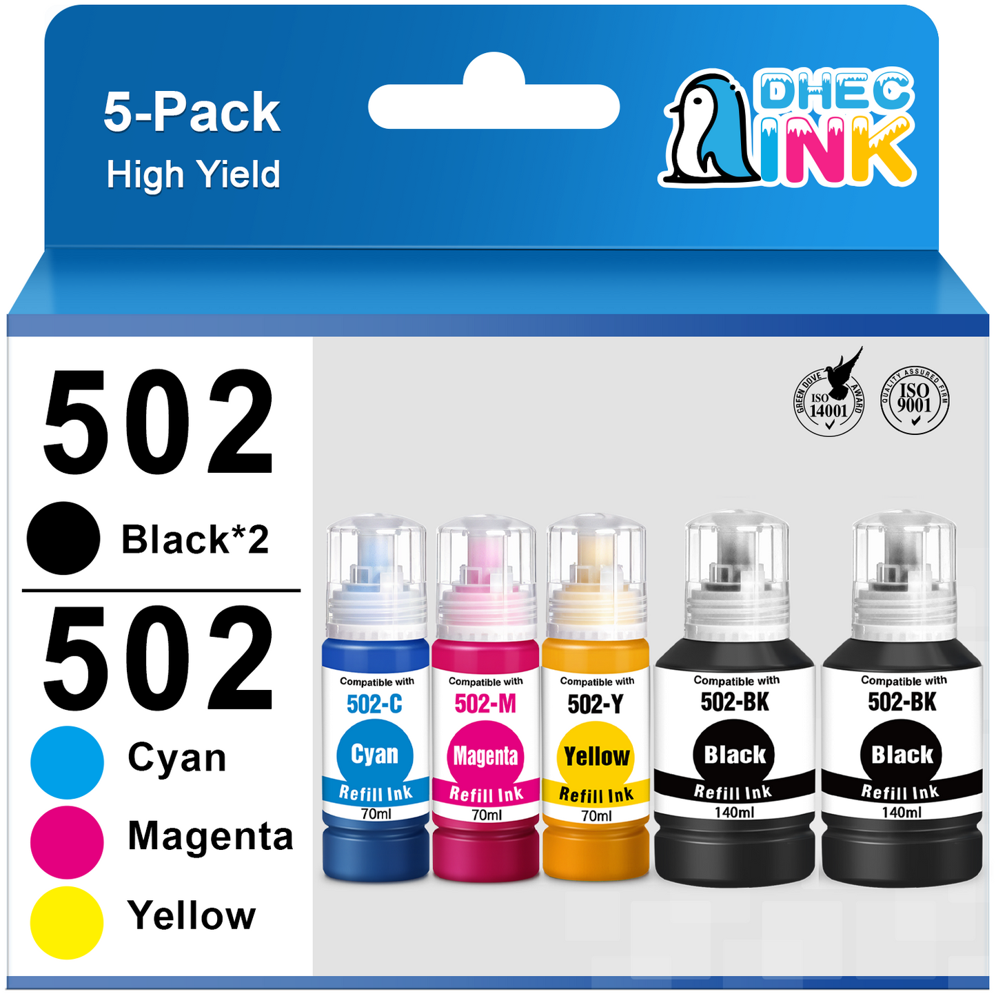 502 Ink Bottle for Epson 502 T502 Ecotank Refill Ink for Epson ET-15000 ET-2760 ET-3710 ET-2750 ET-3700 ET-4760 ET-3750 Printer (2 Black, Cyan, Magenta, Yellow, 5 Pack)