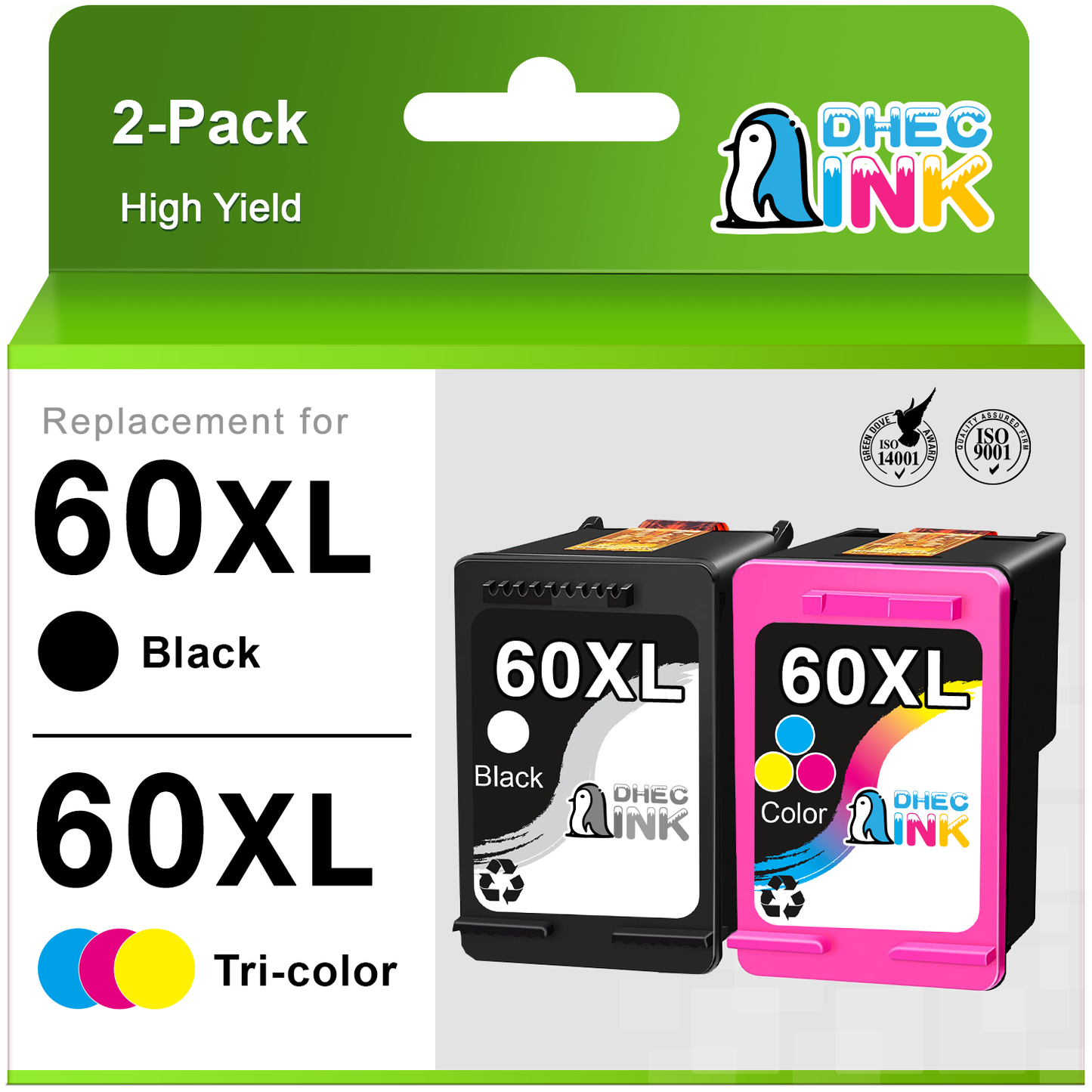 60XL Ink Cartridge for HP Printer Ink 60 XL 60XL Ink Cartridge Combo Pack CC641WN and CC644WN for HP Envy 100 110 Photosmart c4680 c4780 Deskjet d2680 f2430 ( Black and Tri-Color)