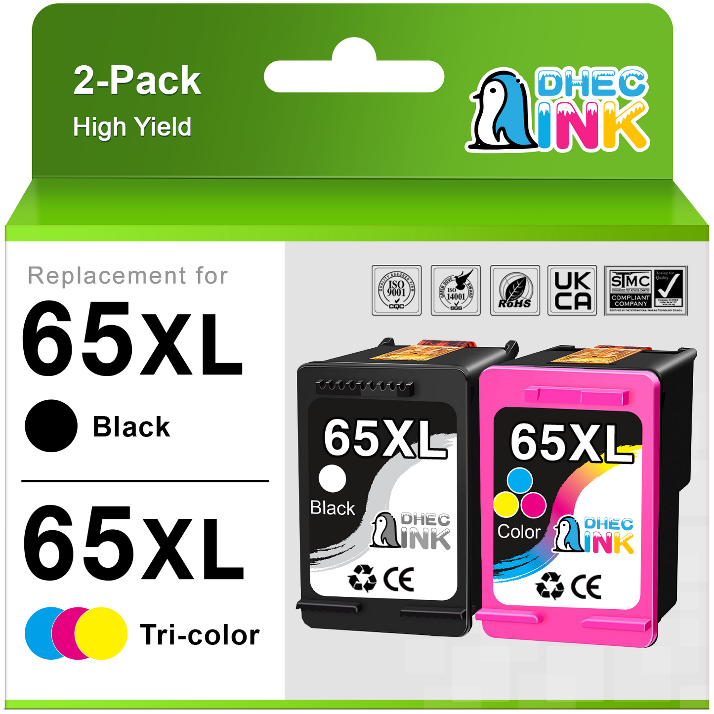 65XL Ink Cartridge Compatible for HP 65 Ink Cartridge Black and Tri-Color for HP Envy 5055 5010 5000 DeskJet 3772 3755 3752 3700 Printer (2 Pack)