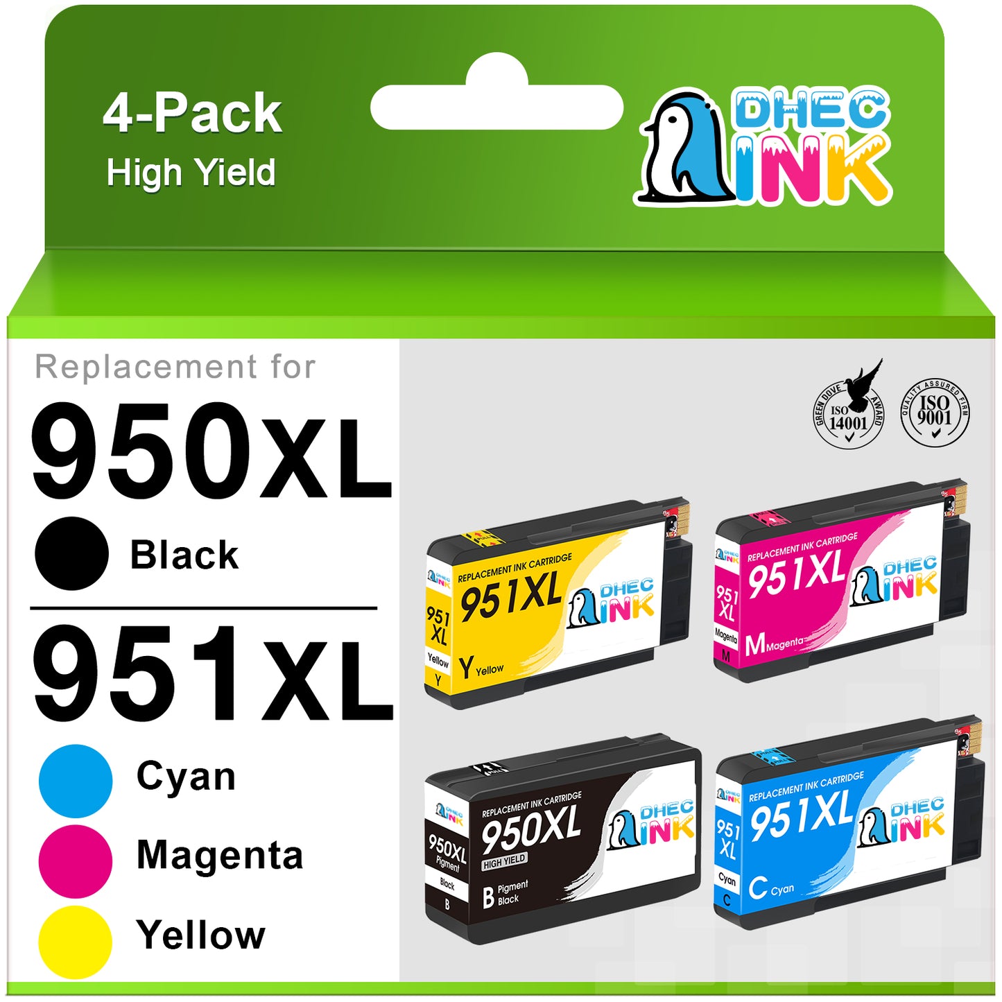 950XL 951XL Ink Cartridge for HP 950 and 951 Ink Cartridge Combo Pack Comaptible for HP Officejet Pro 8600 8610 8620 8100 276dw Printer (Black, Cyan, Magenta, Yellow, 4-Pack)