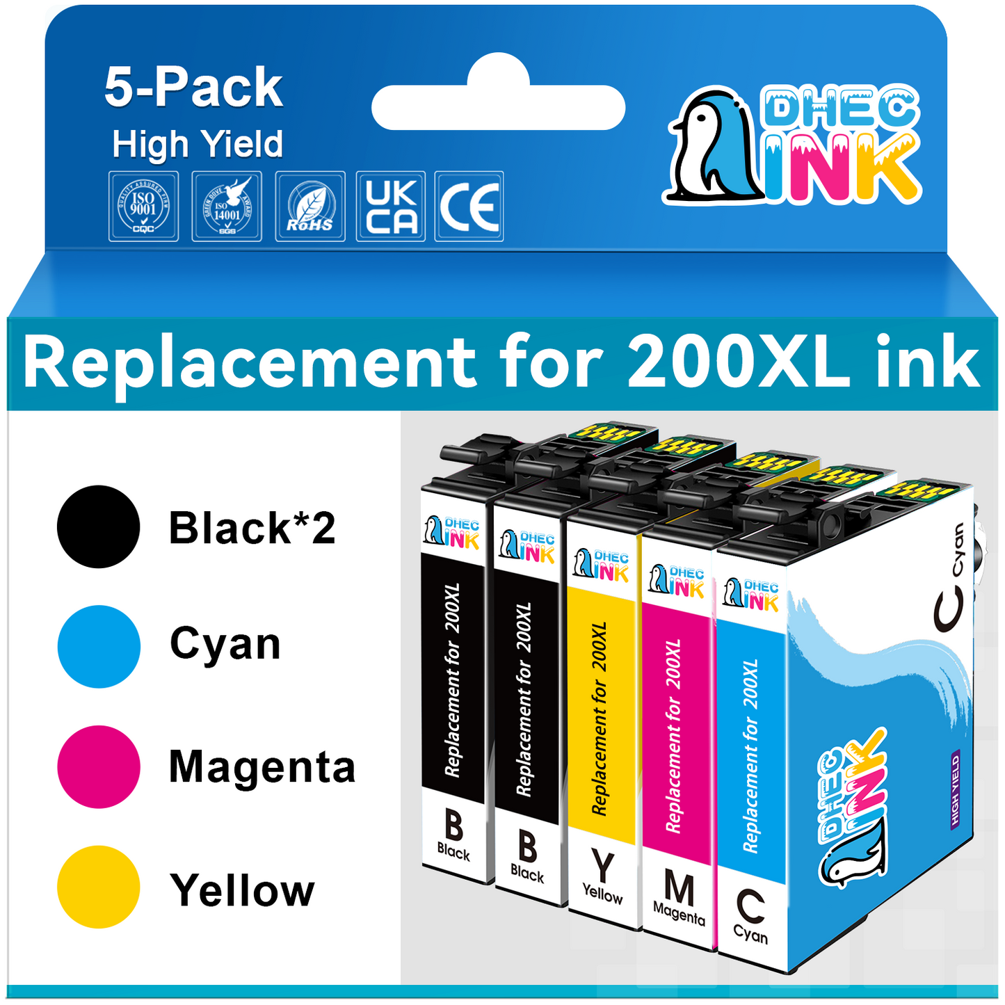 200XL Ink Cartridge for Epson Ink 200 XL 200XL T200 T200XL for Epson Expression XP-200 XP-300 XP-310 XP-400 Workforce WF-2520 WF-2530 Printer(2 Black, 1 Cyan, 1 Magenta, 1 Yellow, 5 Pack)