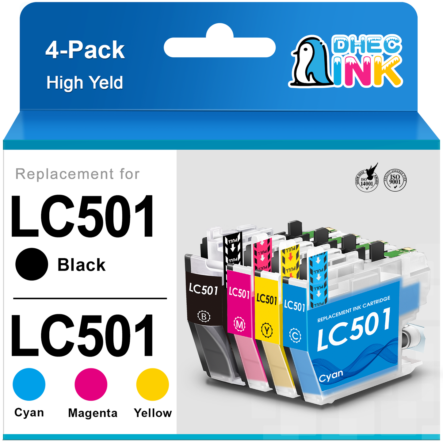LC501 Ink Cartridges Compatible for Brother LC501 LC501XL LC 501 XL for MFC-J1360DW MFC-J1410DW Printer (4 Pack)