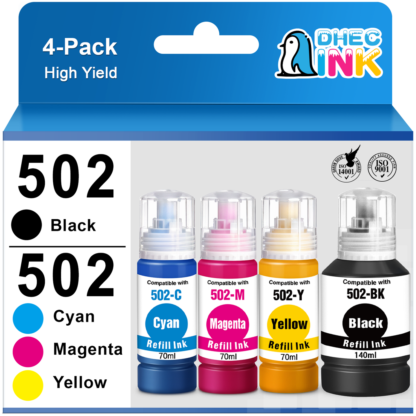 502 Ink Bottle Replacement for Epson 502 T502 Ecotank Refill Ink for ET-15000 ET-2760 ET-3710 ET-2750 ET-3700 ET-4760 ET-3750 Printer (Black, Cyan, Magenta, Yellow, 4 Pack)
