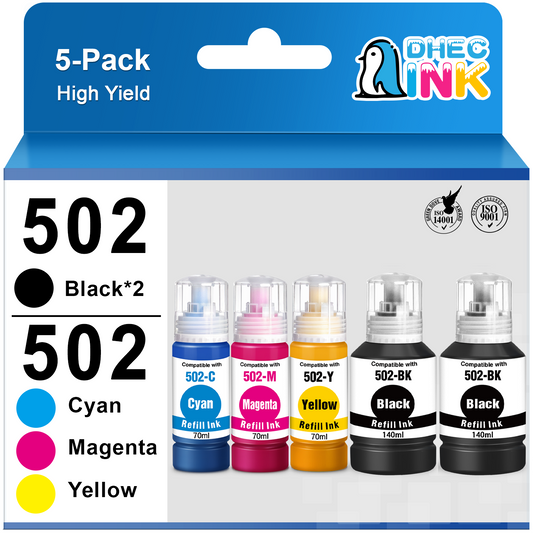 502 Ink Bottle for Epson 502 T502 Ecotank Refill Ink for Epson ET-15000 ET-2760 ET-3710 ET-2750 ET-3700 ET-4760 ET-3750 Printer (2 Black, Cyan, Magenta, Yellow, 5 Pack)