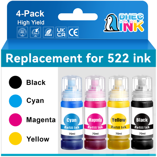 522 T522 Ink Bottle for Epson 522 T522 Refill Ink for EcoTank ET-2720 ET-4700 ET-2800 ET-2803 ET-4800 Printer (Black, Cyan, Magenta, Yellow 4-Pack)