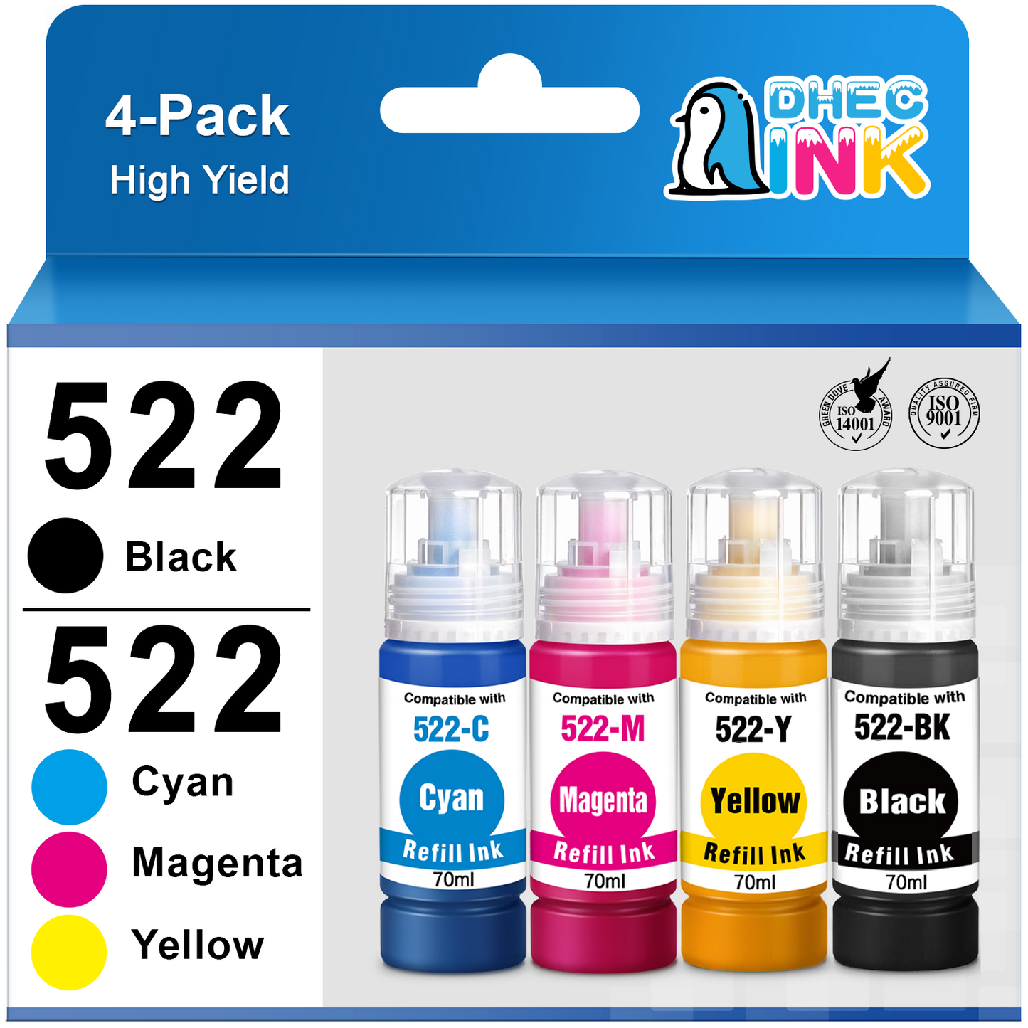 522 T522 Ink Bottle for Epson 522 T522 Refill Ink for EcoTank ET-2720 ET-4700 ET-2800 ET-2803 ET-4800 Printer (Black, Cyan, Magenta, Yellow 4-Pack)