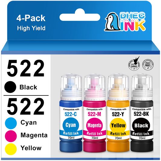 522 T522 Ink Bottle for Epson 522 T522 Refill Ink for EcoTank ET-2720 ET-4700 ET-2800 ET-2803 ET-4800 Printer (Black, Cyan, Magenta, Yellow 4-Pack)