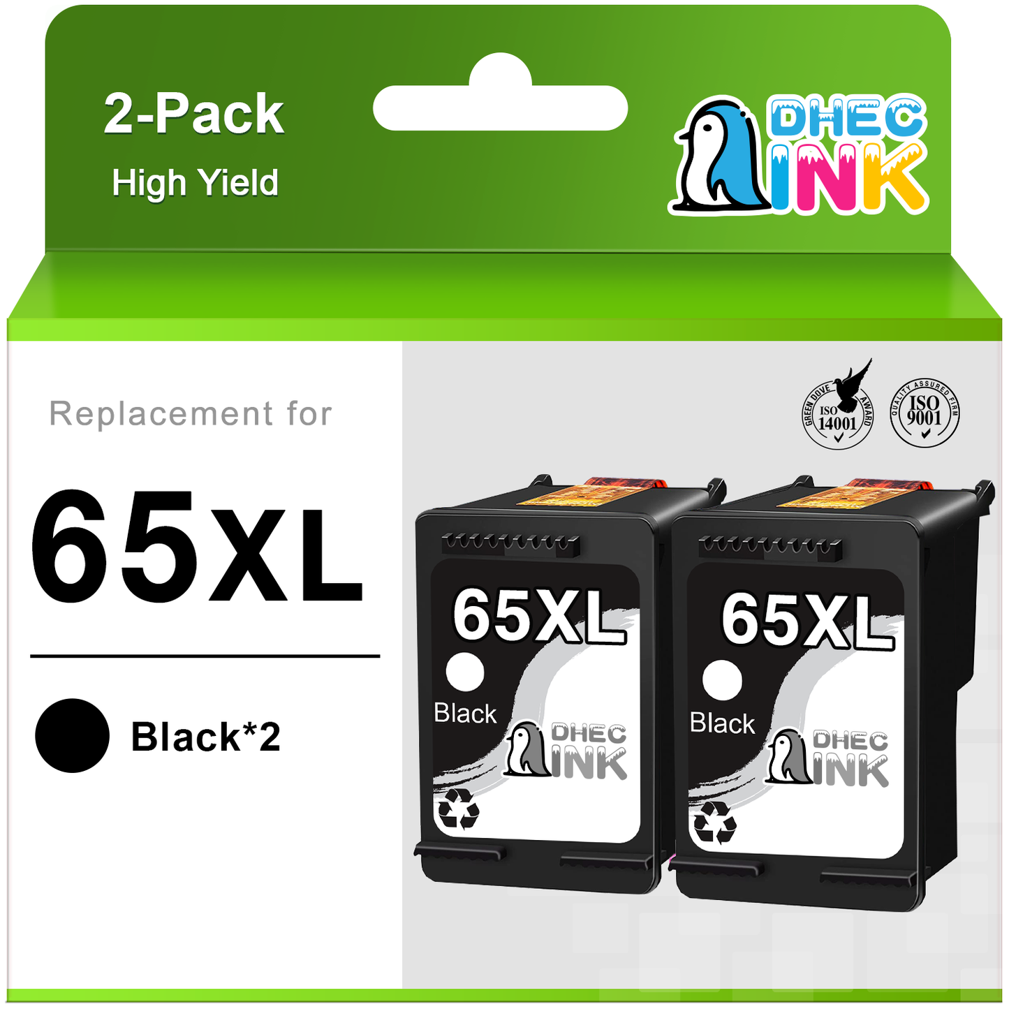 65XL Ink Cartridge for HP 65 Black Ink Cartridge XL for HP Ink 65 Black for Envy 5055 5052 5058 DeskJet 3755 2655 3720 3722 Printer (2 Black)
