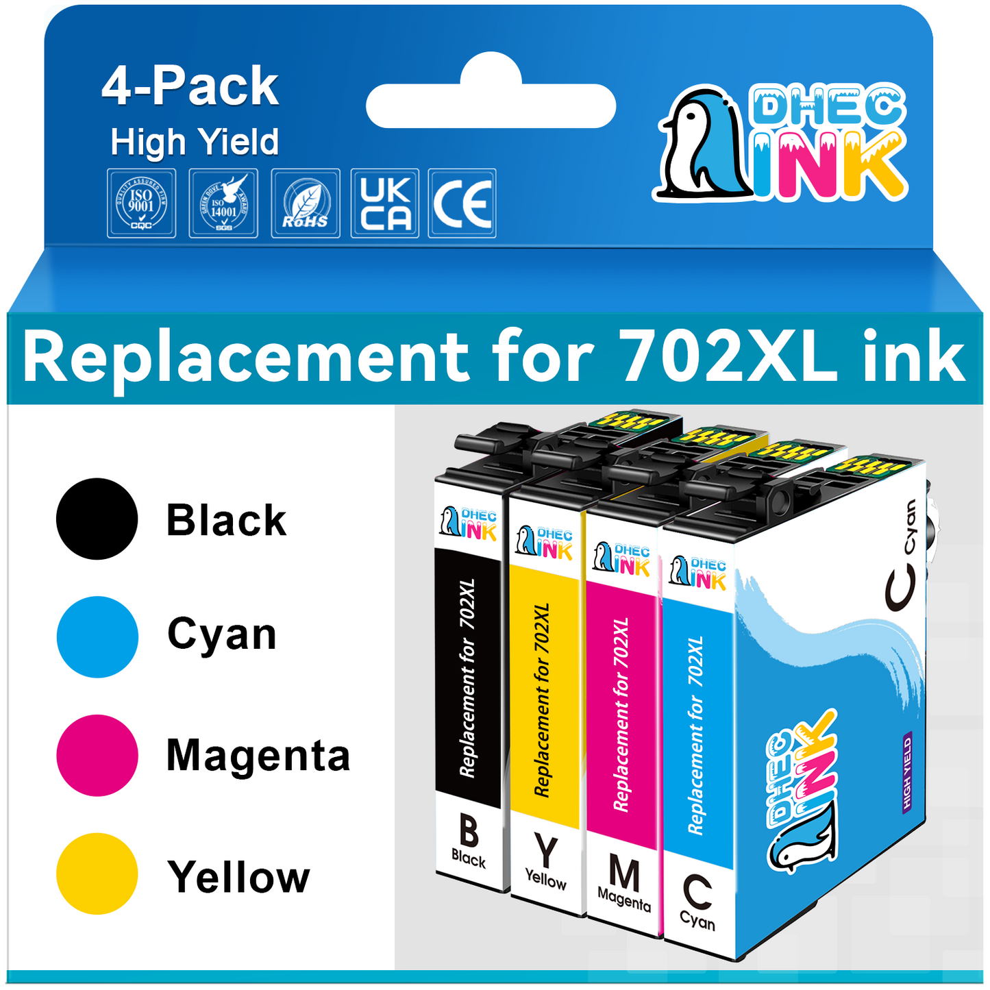 702 Ink Cartridge for Epson 702 XL 702XL T702XL Ink Cartridges Combo Pack for Epson Workforce Pro WF3720 WF3733 WF3730 Printer ( Black Cyan Magenta Yellow, 4-Pack)