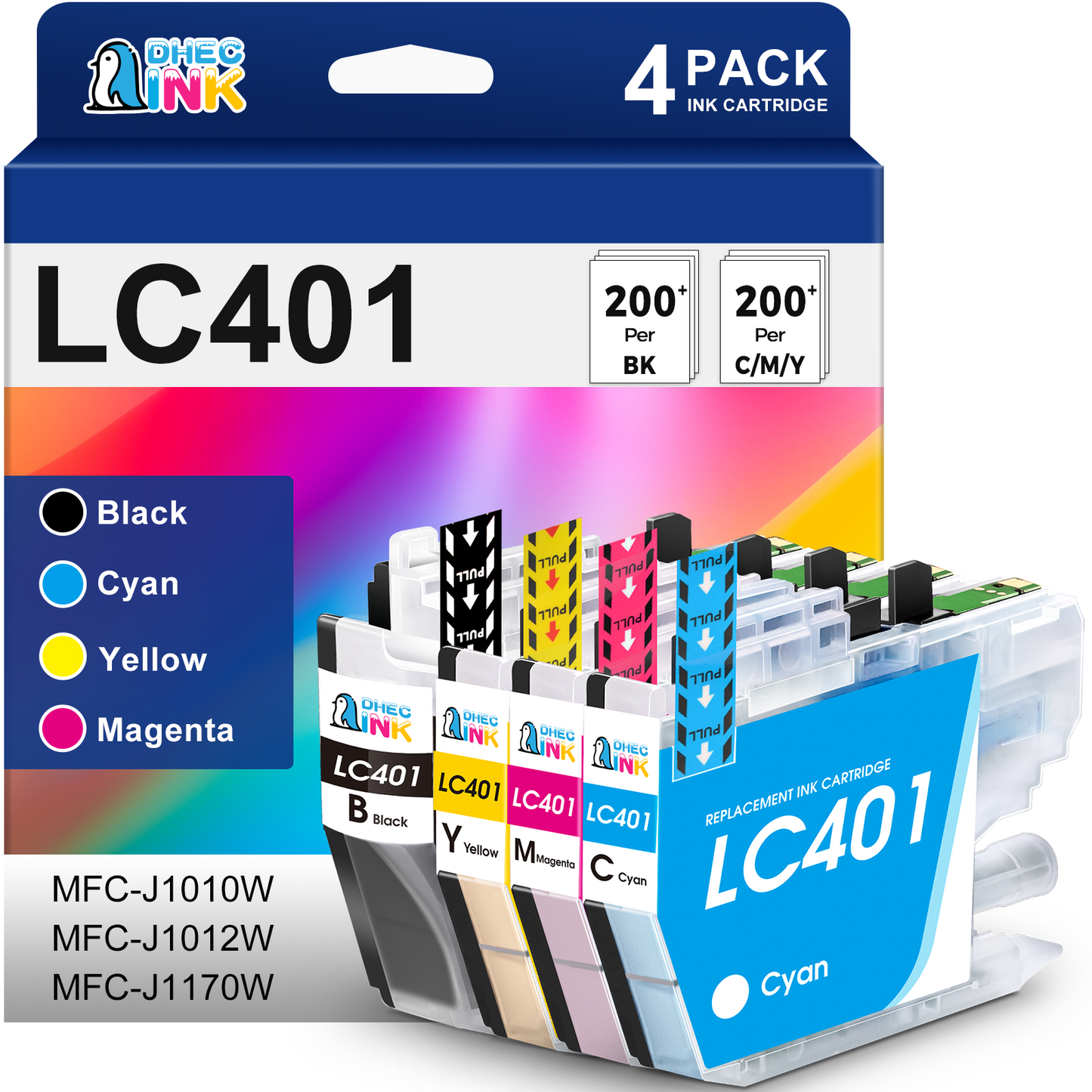 LC401 Ink Cartridges Compatible for Brother LC401 LC401XL Ink Cartridges for MFC-J1010DW MFC-J1012DW MFC-J1170DW Printer ( Black, Cyan, Magenta, Yellow, 4 Pack)