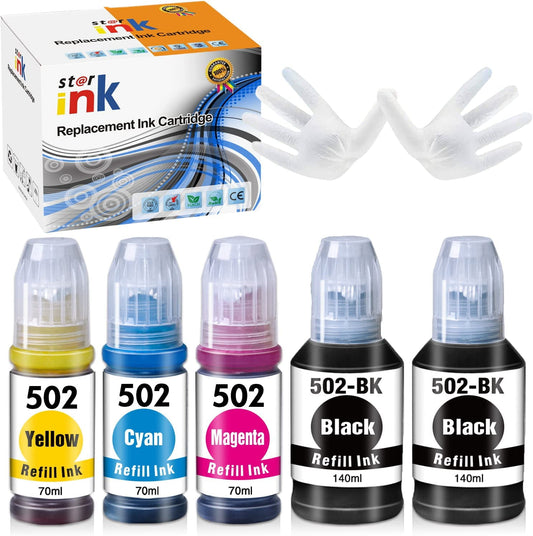 502 Ink Bottle for Epson 502 T502 Ecotank Refill Ink for Epson ET-15000 ET-2760 ET-3710 ET-2750 ET-3700 ET-4760 ET-3750 Printer (2 Black, Cyan, Magenta, Yellow, 5 Pack)