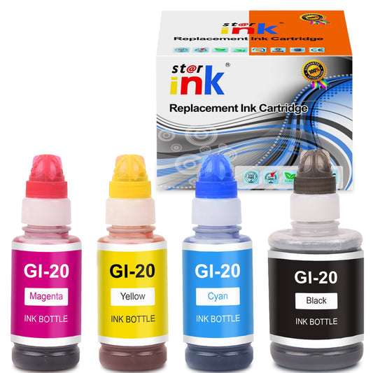 GI20 Ecotank Ink Comaptible for Canon GI-20 GI20 Ink Bottle Filled for Canon PIXMA G6020 G5020 G7020 MegaTank Printers ( Black, Cyan, Magenta, Yellow, 4-Pack)