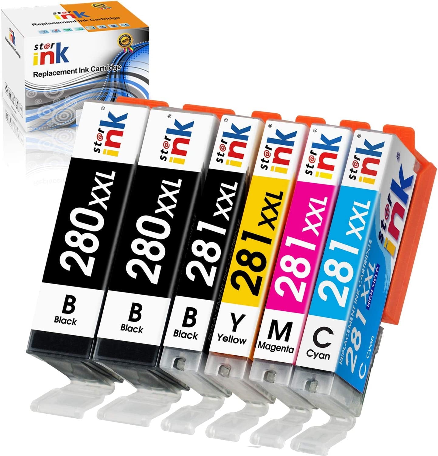 280XXL 281XXL Ink Cartridges for Canon Ink 280 and 281 XXL PGI-280XXL CLI-281XXL for Pixma TR7520 TR8520 TS6120 TS6220 TS8120 TS8220 TS9120 (2 PG Black 1 Black 1 Cyan 1 Magenta 1 Yellow, 6 Pack)