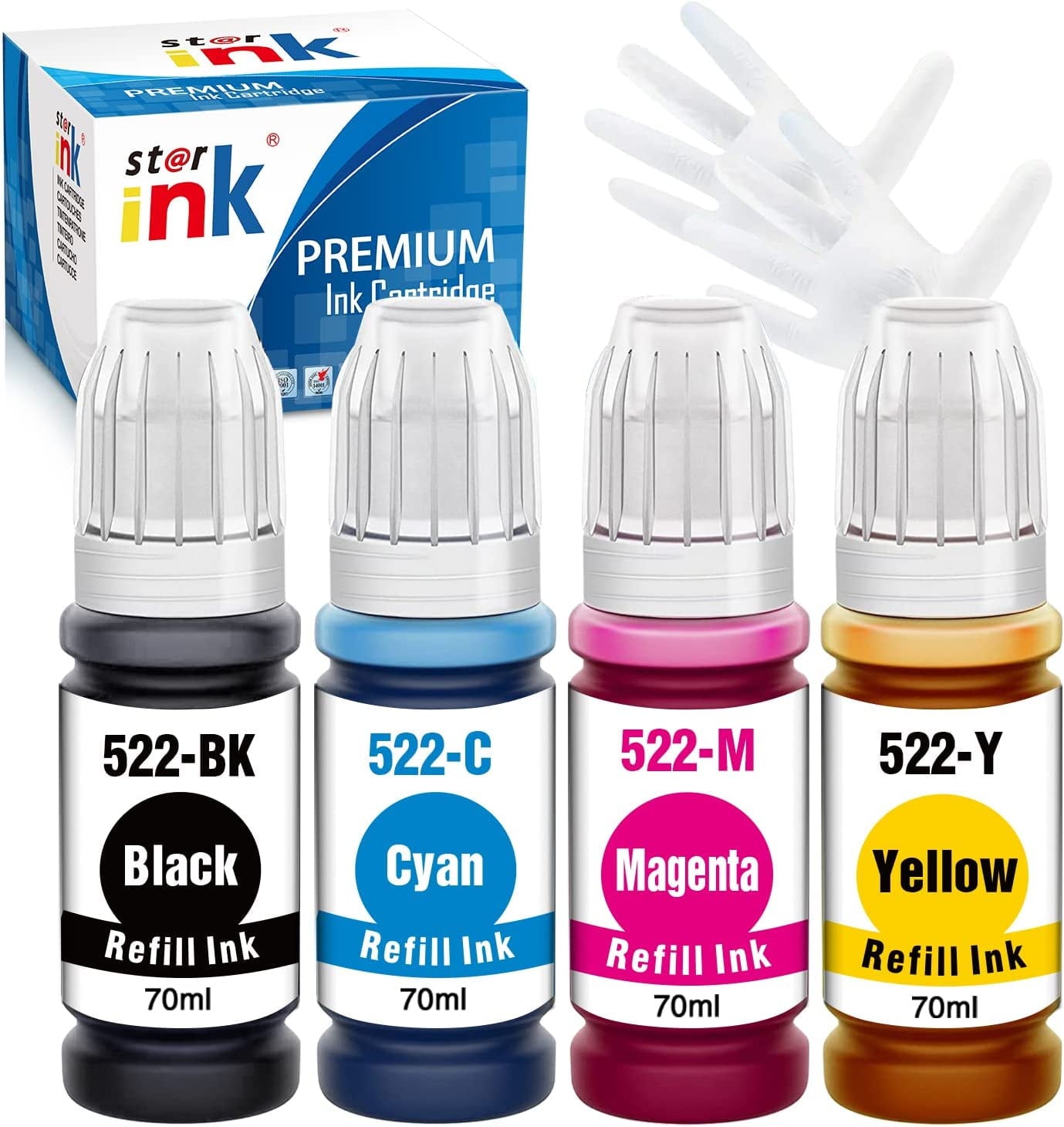 522 T522 Ink Bottle replacement for Epson 522 T522 Refill Ink for EcoTank ET-2720 ET-4700 ET-2800 ET-2803 ET-4800 Printer (Black, Cyan, Magenta, Yellow 4-Pack)